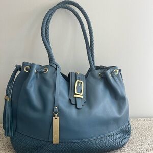 Elegant Lodis Woven Leather Cinch Amal Tote in the Wedgewood Blue Leather